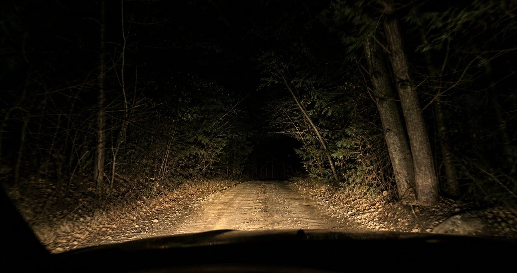 Dark road outside Saskatoon at night, lit by headlights