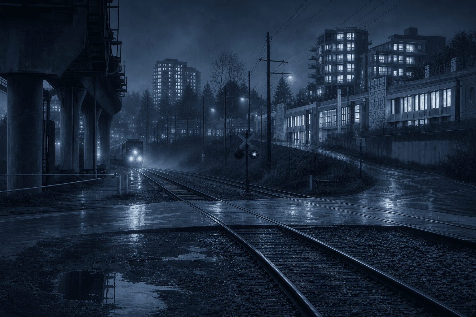 Wet railway tracks curve beneath the SkyTrain guideway at night
