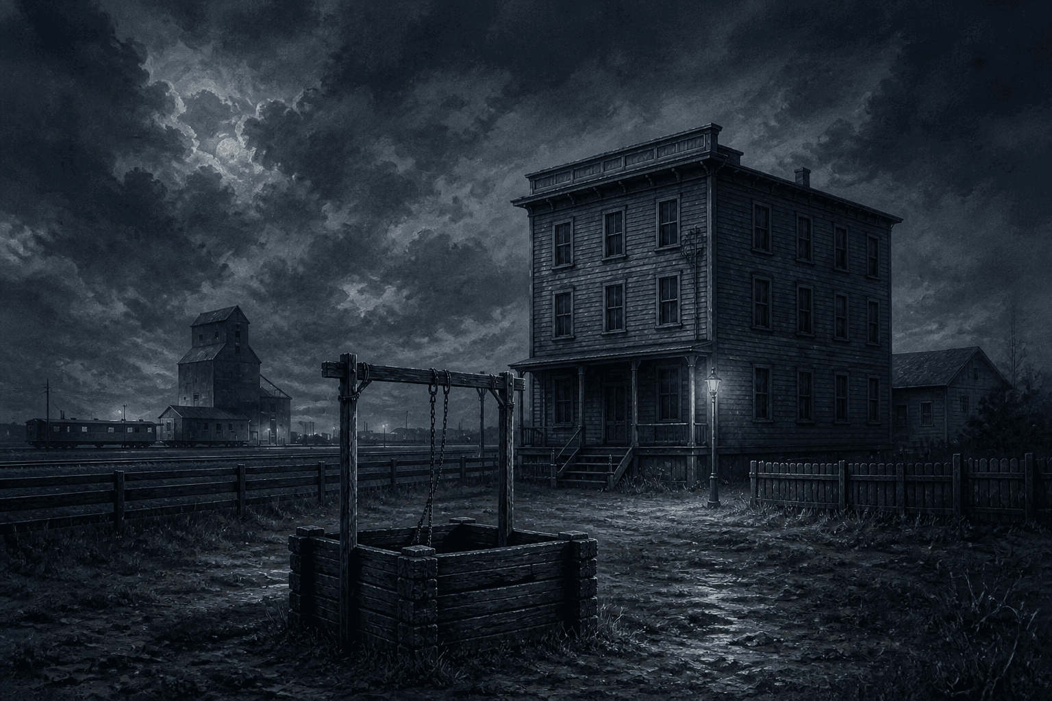 A wooden well before an abandoned prairie hotel under a cold night sky