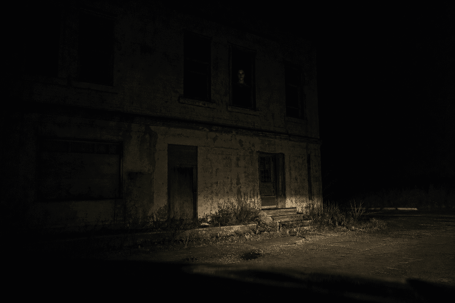 A dark abandoned building with a pale face in an upstairs window.