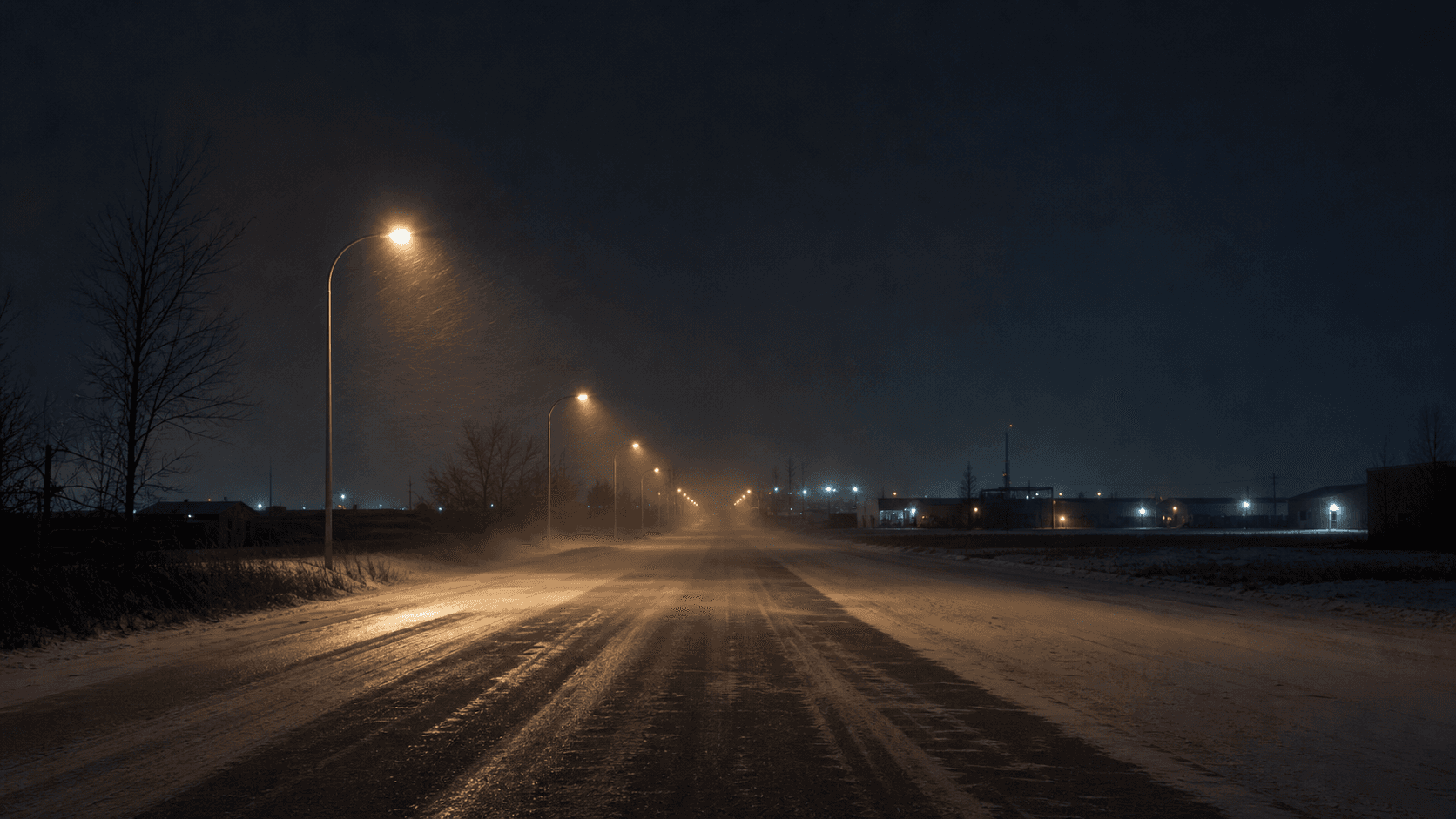 An empty Winnipeg road receding beneath a cold night sky
